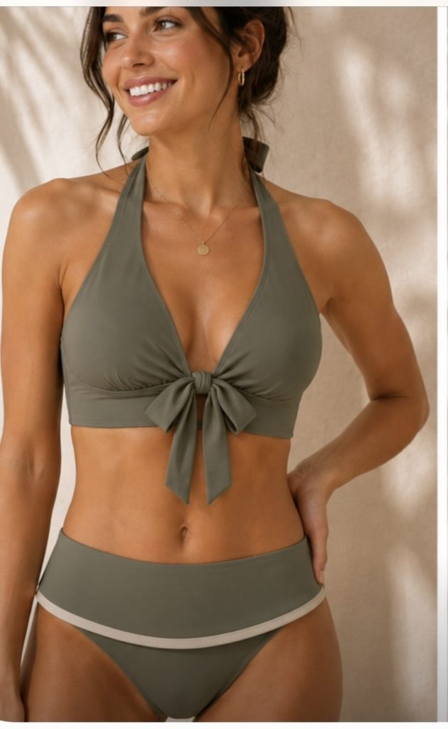 Women's Moss Green Contrast Cummerbund Waist Bikini Bottom with Oat Cream contrast waistband and trim