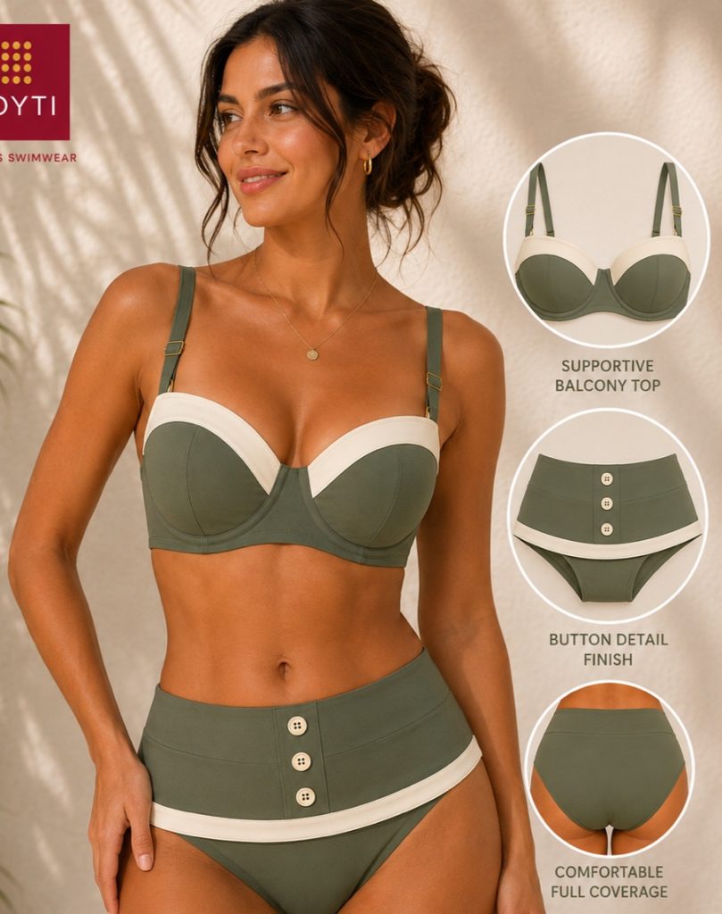 Women's Moss Green Contrast Waist Button Sailor Detail Overlap Bikini Bottom with Oat Cream waistband, overlap panel and decorative buttons