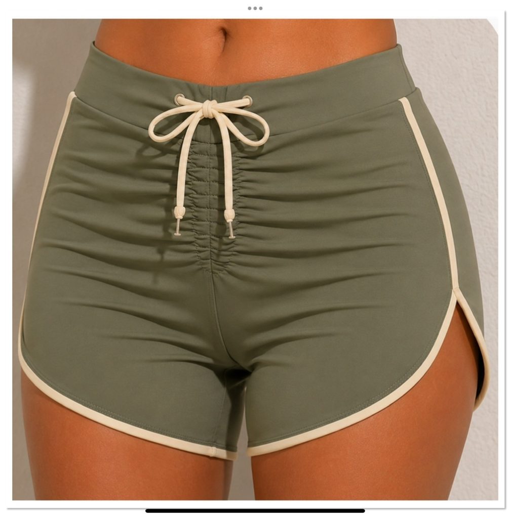 Women's Moss Green Ruched Drawstring Contrast Swim Shorts featuring Soft White drawstring, contrast piping and side splits.